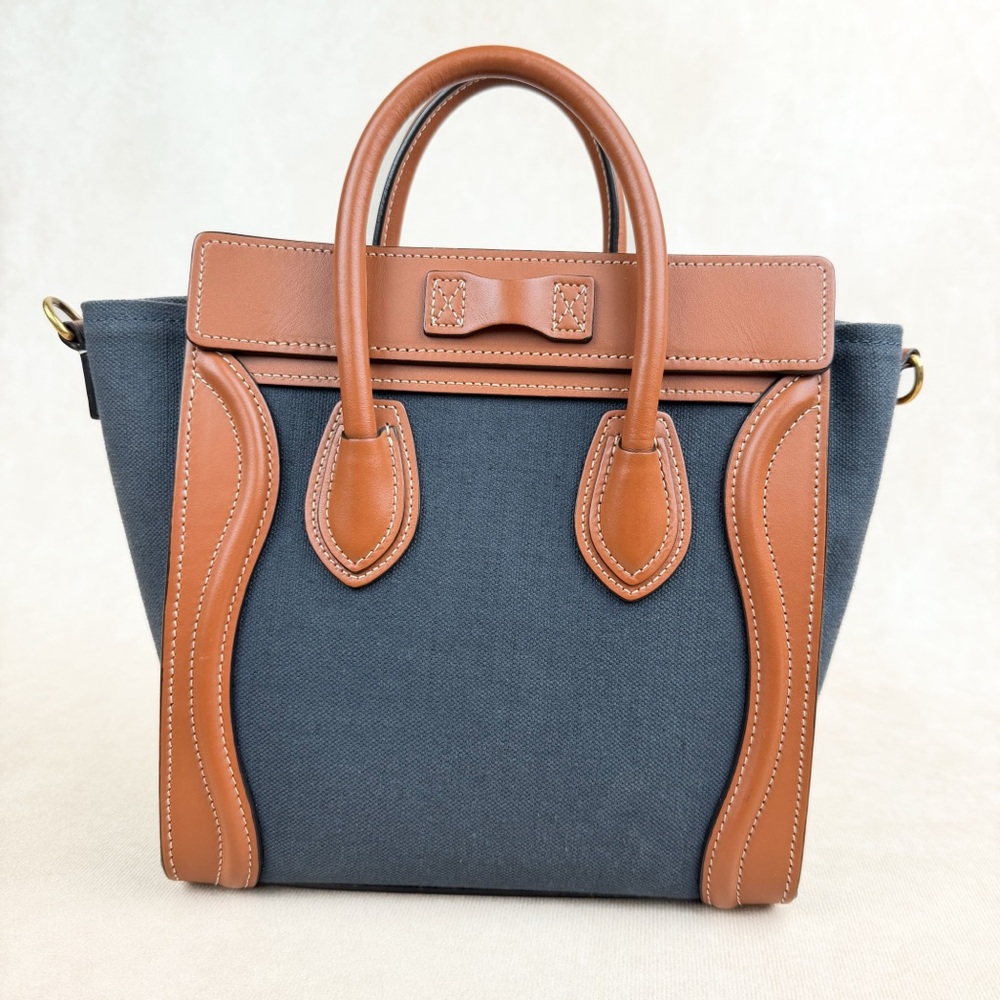 Celine Nano Luggage 2Way Blue Canvas (Denim-Style) Tan Leather Crossbody Bag - Picture 4 of 17
